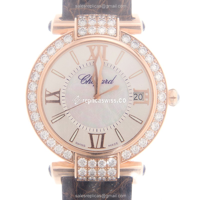 Chopard Imperiale Replica - Automatic - 18kt Rose Gold - Diamond Set - White Dial - Brown Alligator Strap - Luxury Replica IMPERIALE Watch